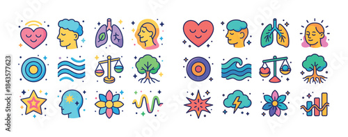 Colorful health and wellbeing icons with heart, mind, lungs, bal