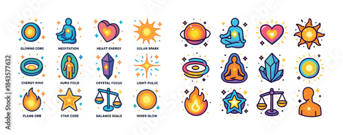 Vibrant spiritual symbols: meditation, energy, crystals, balance