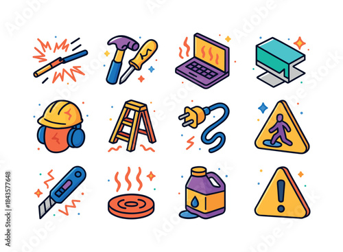 Colorful Safety Hazard Icons. dangerous equipment. Colorful isom