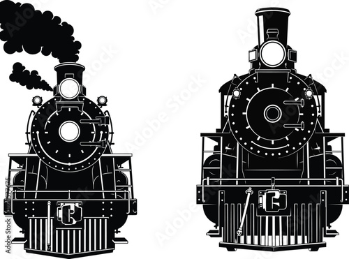 Vintage steam locomotives side and front views