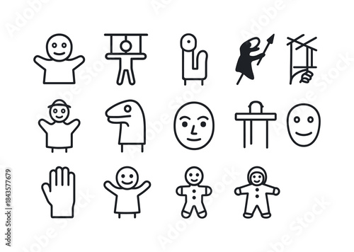 Outline Puppet Icons. Puppets. Line icon set of Puppets: hand pu