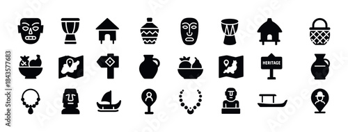 Collection of african cultural icon silhouettes: masks, drums, v
