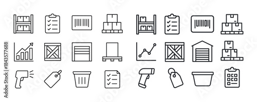 Warehouse and inventory line icons: barcode, scanner, clipboard,