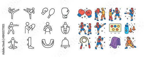 Boxing and fitness icons: gloves, punching, strength, training,