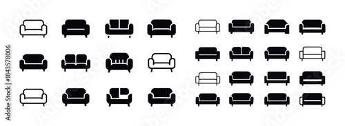 Set of 24 black couch and sofa silhouettes in various designs