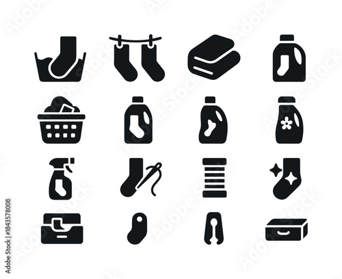 Sock Care Icons. Sock care. Solid icon set of sock care: washing
