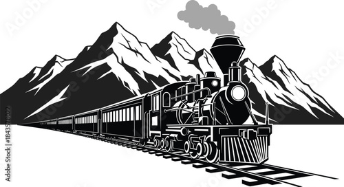 Vintage steam locomotive train in mountain landscape