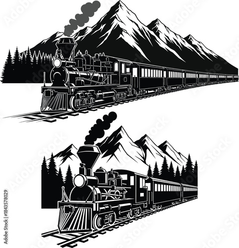 Vintage train traveling through snowy mountain landscape