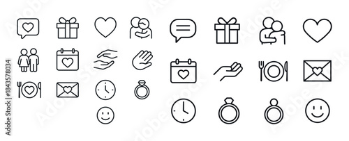 Minimalist love and relationship icon set featuring hearts, gift