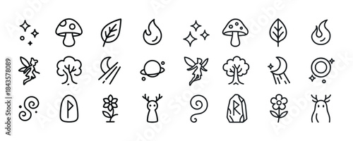 Magical nature icons: fairy, mushroom, leaf, moon, planet, swirl