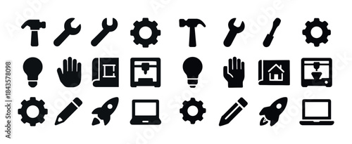 Collection of black tool and technology icons including hammer,