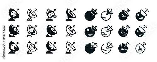 Array of satellite antenna icons for communication and technolog