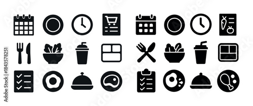 Meal planning icons: calendar, clock, utensils, shopping cart, f