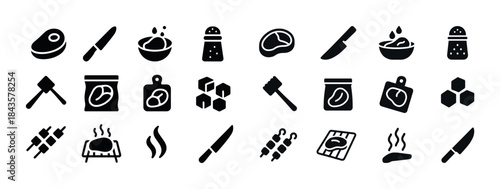 Bbq and cooking icon set featuring meat, knife, salt, grill, and
