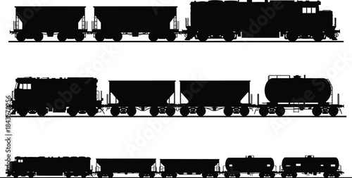 Black and white illustration of freight train cars