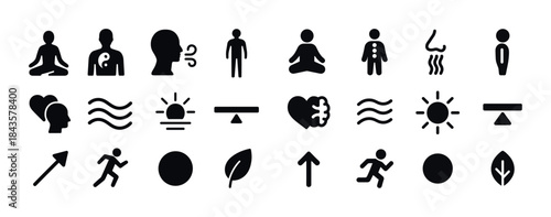 Wellness and mindfulness icons: meditation, health, balance, nat
