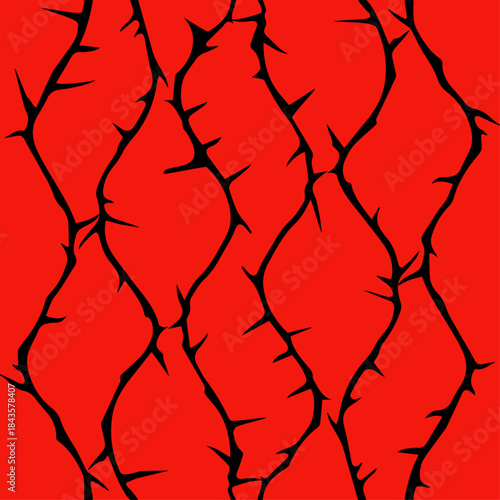 seamless continuous pattern of black rose branches with thorns on a red background.eps
