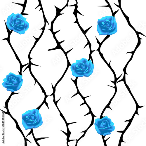 seamless continuous pattern of black rose branches with thorns and blue flowers on a white background.eps