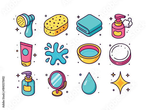 Colorful Face Washing Icons. face washing tools. Colorful isomet