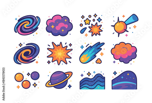 Galactic Icons Collection. Galactic Wonders. Colorful isometric