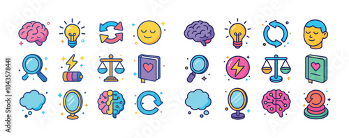 Colorful set of cartoon icons illustrating brain function, ideas