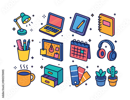 Colorful Workspace Icons. Creator Workspace. Colorful isometric