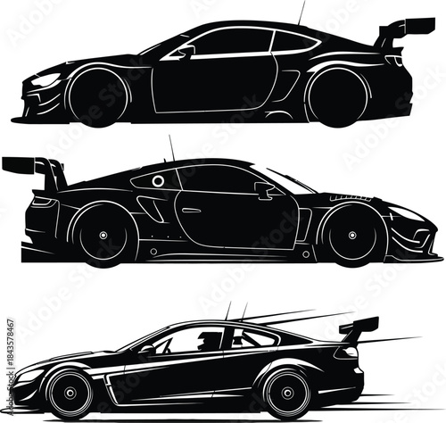 Silhouette of three black sports cars in side view