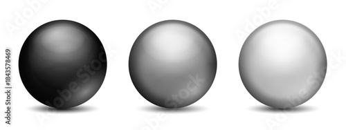 Realistic Chrome and Glass Balls Set – Black, Silver and Gray White Metallic 3D Orbs with Shiny Highlights, Luxury Jewelry Gemstone Vector Illustration