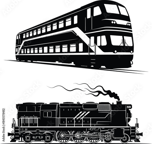 Vintage train and locomotive illustrations in black and white