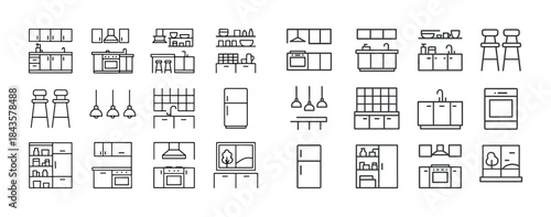 Modern kitchen icon set including appliances furniture and light