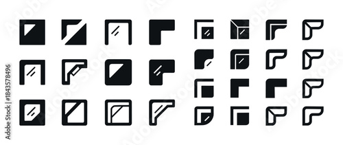 Flat and rounded black corner icons set in minimalist style