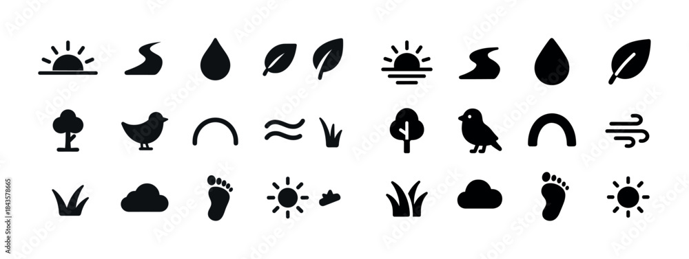 Obraz premium Nature icons set: sun, leaf, bird, tree, water, cloud, footprint