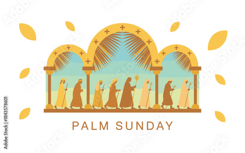 Vibrant palm sunday illustration with people and palm leaves in a decorative archway