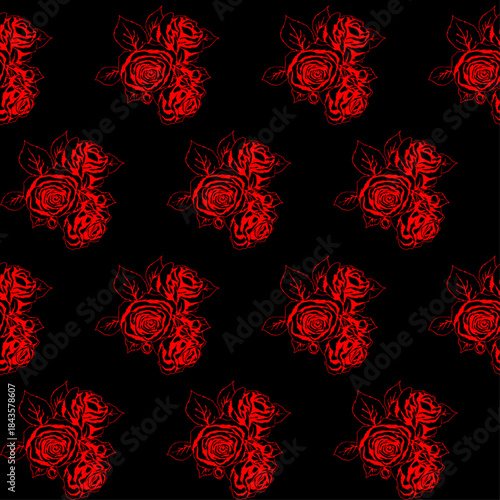 seamless  pattern of red rose branches with thorns and buds on a black background.eps