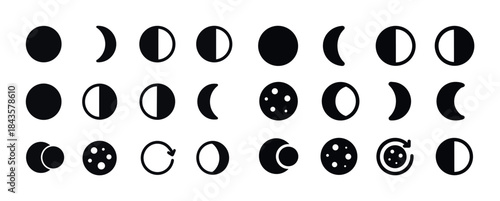 Phases of the moon icons set: new, crescent, quarter, gibbous, f