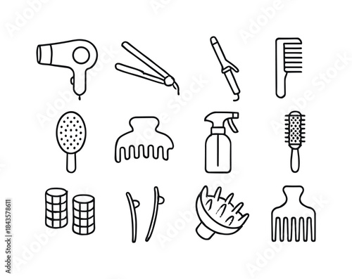 Hair Styling Tools Icons. Hair styling tools. Line icon set of h
