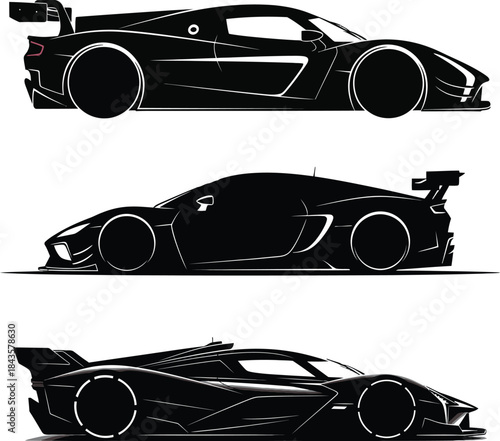 Three black and white illustrations of race cars