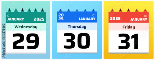 29 Wednesday January 2025 Calendar. 30 Thursday and 31 Friday January 2025 Monthly Planner, Strategic January 2025 Time Planner. Vector illustration