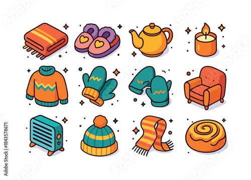 Winter Cozy Icons. Cozy winter essentials. Colorful isometric ve