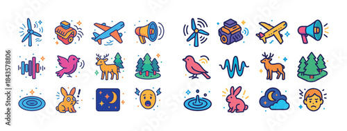 Colorful cartoon icons: nature, animals, travel, communication