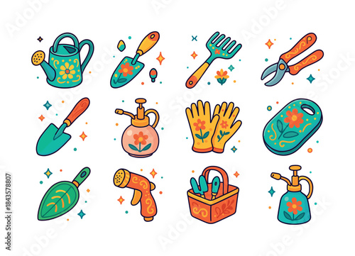 Decorative Gardening Tools Icons. Using decorative gardening too