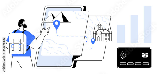 Travel concept. Travel features digital navigation maps, a traveler, route tracking and online payment solutions. Travel for tourism, navigation, remote payments, business trends