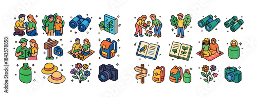 Cartoon outdoor adventure: hiking, exploring nature, and gardeni