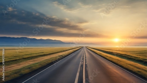 Empty Highway Stretching to the Horizon at Sunrise Symbolizing Freedom and Future