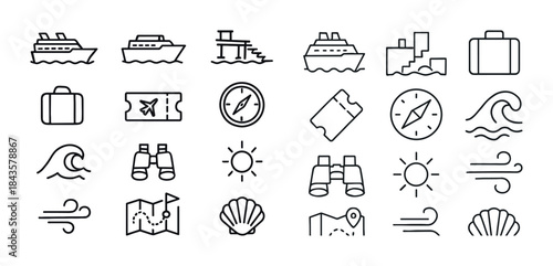 Cruise icons: ships, compass, waves, sun, binoculars, map, ticke