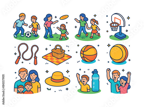 Outdoor Family Icons. Outdoor Family Fun. Colorful isometric vec