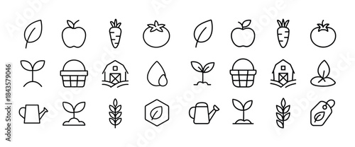 Minimalist agricultural icons: fruits, vegetables, seeds, and to