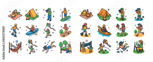 Summer outdoor activities: camping, kayaking, volleyball, cyclin