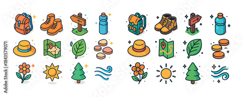 Colorful outdoor adventure icons: hiking, camping, nature elemen
