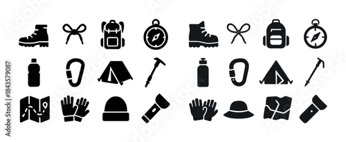 Hiking and camping gear icons: boots, backpack, compass, tent, c